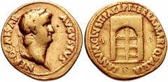 Nero. AD 54-68. AV Aureus (19mm, 7.12 g, 3h). Rome mint. Struck circa AD 64-65. NERO CAESAR AVGVSTVS, laureate head right / IANVM CLVSIT PACE P R TERRA MARIQ PARTA, closed doors of the Temple of Janus