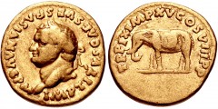 Titus. AD 79-81. AV Aureus (18mm, 7.02 g, 5h). Rome mint. Struck January-June AD 80. IMP TITVS CAES VESPASIAN AVG P M, laureate head left / TR P IX IMP XV COS VIII P P, elephant, wearing armor, standi