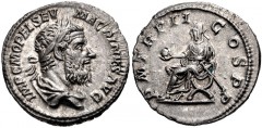 Macrinus. AD 217-218. AR Denarius (19mm, 3.32 g, 12h). Rome mint. 3rd emission, AD 218. Laureate and draped bust right, wearing long beard / Macrinus seated left on curule chair, holding globe and sho