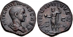 Philip II. As Caesar, AD 244-247. Æ Sestertius (28mm, 21.81 g, 12h). Rome mint, 3rd officina. 5th emission of Philip I, AD 246. Bareheaded and draped bust right / Philip II standing left, holding glob