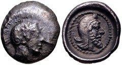 DYNASTS of LYCIA. Kherei(?). Circa 410-390 BC. AR Obol (9mm, 0.53 g, 6h). Uncertain mint. Helmeted head of Athena right / Head of Kherei right, wearing Persian tiara, within incuse circle. Cf. Mørkhol