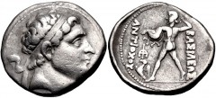 BAKTRIA, Greco-Baktrian Kingdom. Antiochos Nikator. Circa 240-225 BC. AR Tetradrachm (26mm, 16.55 g, 7h). Mint A (near Aï Khanoum). Diademed head right / Zeus Bremetes advancing left, brandishing aegi