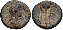 LYDIA, Thyateira. Domitia. Augusta, AD 82-96. Æ (14mm, 3.05 g, 6h). Draped bust right / Tripod. RPC II 945; BMC 71. Good Fine, rough green patina.
