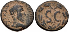 SYRIA, Seleucis and Pieria. Antioch. Macrinus. AD 217-218. Æ As (19mm, 4.71 g, 6h). Laureate head right / Large S•C; Δ Є above, eagle below; all within laurel wreath. McAlee 734A var. (Є Δ above). VF,