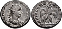SYRIA, Seleucis and Pieria. Antioch. Volusian. AD 251-253. BI Tetradrachm (25mm, 12.77 g, 6h). Struck AD 251-253. Radiate, draped, and cuirassed bust right; •• below / Eagle standing facing, head and 