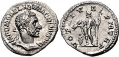 Macrinus. AD 217-218. AR Denarius (19mm, 3.16 g, 12h). Rome mint. 1st emission, AD 217. Laureate and cuirassed bust right / Jupiter standing left, holding thunderbolt and scepter; small figure of Macr