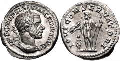 Macrinus. AD 217-218. AR Denarius (18mm, 3.68 g, 12h). Rome mint. 1st emission, AD 217. Laureate and cuirassed bust right / Jupiter standing left, holding thunderbolt and scepter; small figure of Macr