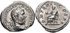 Macrinus. AD 217-218. AR Denarius (20mm, 3.36 g, 5h). Rome mint. 3rd emission, AD 218. Laureate and draped bust right / Macrinus seated left on curule chair, holding globe and short scepter. RIC IV 27