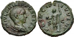 Philip II. As Caesar, AD 244-247. Æ As (25mm, 11.63 g, 1h). Rome mint. 5th emission of Philip I, AD 246. Bareheaded and draped bust right / Philip II standing left, holding globe and reversed spear. R