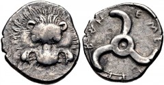 DYNASTS of LYCIA. Trbbenimi . Circa 390-375 BC. AR Tetrobol (14mm, 3.01 g). Facing lion’s scalp / Triskeles. Mørkhom & Olçay, "The Coin Hoard From Podalia," NC (1971), 158-170 (A9/P15); SNG von Aulock