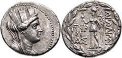 PHOENICIA, Arados. Circa 138/7-44/3 BC. AR Tetradrachm (27mm, 15.32 g, 12h). Dated CY 196 (64/3 BC). Turreted, veiled, and draped bust of Tyche right / Nike advancing left, holding wreath and palm fro