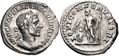 Macrinus. AD 217-218. AR Denarius (19mm, 3.08 g, 5h). Rome mint. 1st emission, AD 217. Laureate and cuirassed bust right / Jupiter standing left, holding thunderbolt and scepter; small figure of Macri