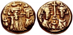 Constans II, with Constantine IV. 641-668. AV Solidus (11mm, 2.56 g, 7h). Carthage mint. Struck 659-668. Crowned and draped facing busts of Constans, wearing long beard and holding globus cruciger, an