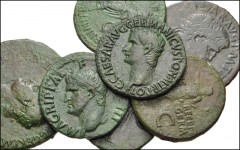 ROMAN. Imperial. Lot of ten (10) bronze coins from Agrippa to Domitian. Includes: Agrippa. Æ As (2) // Germanicus. Æ Dupondius // Caligula. Æ As (2) // Claudius. Æ Sestertius. Contemporary imitation /