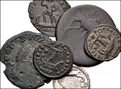 ROMAN. Imperial. Lot of six (6) silver and bronze coins from Hadrian to Theodosius I. Includes: Hadrian. Æ Sestertius // Postumus. Æ Sestertius // Caracalla. AR Denarius // Constantine I. Æ Follis (2)