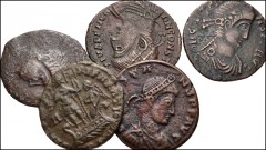 ROMAN. Imperial. Lot of five (5) bronze coins of Constantius II and Constans. Includes: Constantius II (2) // Constans (3). Some appear to be imitations. Fine to Near VF. LOT SOLD AS IS, NO RETURNS. F