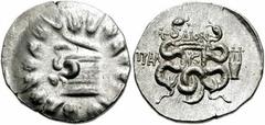 LYDIA, Tralles. Circa 128-85 BC. AR Cistophoric Tetradrachm (25mm, 12.42 gm). Dion, magistrate. Cista mystica with serpent, all within ivy wreath / Bow-case with serpents; ΔION (magistrate) above, lyr