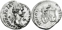 LYCIA. Nerva. 96-98 AD. AR Drachm (19mm, 3.49 gm). Dated 97 AD. Laureate head right; Λ-Y across field / ΨΠATOΨ TΡITOΨ, owl standing right, head facing, on pair of lyres. BMC 19 Lycia pg. 39, 8; SNG Co