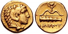 KINGS of MACEDON. temp. Philip II – Alexander III. Circa 340/36-328 BC. AV Quarter Stater (11mm, 2.12 g, 7h). In the name of Philip II. Pella mint. Head of Herakles right, wearing lion skin / Bow and 