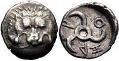 DYNASTS of LYCIA. Aruwatijesi. Circa 400-370 BC. AR Obol (10mm, 0.74 g). Zagaba mint. Lion scalp facing / Triskeles. Falghera –; SNG Copenhagen Supp. –; cf. SNG von Aulock 4206 (drachm). VF, lightly t