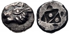 ASIA MINOR, Uncertain. 5th century BC. AR Obol (8mm, 0.53 g). Head of horned lion left / Incuse square diagonally bisected, with pellet in each half; in margin, incuse triangle on each side of incuse 