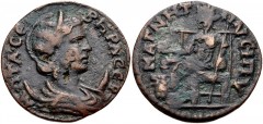 LYDIA, Magnesia ad Sipylum. Otacilia Severa. Augusta, AD 244-249. Æ (24mm, 5.34 g, 6h). Draped bust right, wearing stephane, set on crescent / Kybele seated left, holding patera and scepter; at her fe