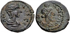 CILICIA, Anemurium. Julia Mamaea. Augusta, AD 222-235. Æ (18mm, 3.24 g, 5h). Dated RY 4 of Severus Alexander (AD 225/6). Draped bust of Mamaea right / Draped bust of Tyche right, wearing polos; Є Δ (d