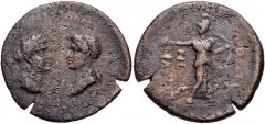 CILICIA, Corycus. Domitian, with Domitia. AD 81-96. Æ (27mm, 9.00 g, 12h). Laureate head of Domitian right, vis-à-vis head of Domitia left / Athena walking right, head left, extending arm and holding 