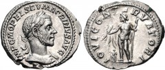 Macrinus. AD 217-218. AR Denarius (20mm, 3.20 g, 6h). Rome mint, 3rd officina. 1st emission, AD 217. Laureate and cuirassed bust right / Jupiter standing left, holding thunderbolt and scepter; small f