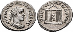 Philip II. AD 247-249. AR Antoninianus (23mm, 4.42 g, 1h). Antioch mint. Struck AD 248. Radiate, draped, and cuirassed bust right / Hexastyle temple; within, figure (Roma?) seated facing, holding scep