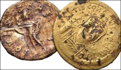 ROMAN IMPERIAL–BYZANTINE. Lot of two (2) fourrée gold issues. Includes: ROMAN IMPERIAL: Gordian III. Fourrée Aureus // BYZANTINE: Tiberius II Constantine. Fourrée Solidus. Near VF and VF, chipped plat