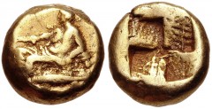 MYSIA, Kyzikos. 5th-4th centuries BC. EL Twelfth Stater – Hemihekte (8mm, 1.30 g). Dionysos seated left; below, tunny fish left / Quadripartite incuse square. Hurter & Liewald II –; cf. von Fritze I 5