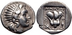 ISLANDS off CARIA, Rhodos. Rhodes. Circa 188-170 BC. AR Drachm (16mm, 2.94 g, 12h). ‘Plinthophoric’ coinage. Ainetor, magistrate. Radiate head of Helios right / Rose with bud to right; torch to left, 