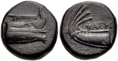 LYCIA, Phaselis. Circa 250-221/0 BC. Æ (13mm, 5.30 g, 6h). Prow right / Stern right. Heipp-Tamer Series 1, Emission 1, B2; SNG Copenhagen –; BMC 36 var. (shield on obv.). VF, dark green patina.