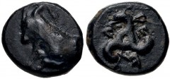 DYNASTS of LYCIA. Perikles. Circa 380-360 BC. Æ (10mm, 1.26 g). Forepart of goat left / Triskeles. Ashton, Beginning 55; Falghera –; Mildenberg, Mithrapata und Perikles –; SNG Copenhagen Supp. 479; SN