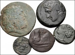 GREEK. Magna Graecia & Sicily. Lot of five (5) bronze coins from Sicily and Carthage. Includes: SICILY, Leontinoi // SICILY, The Mamertini // SICILY, Syracuse // CARTHAGE (2). Average Fine. LOT SOLD A