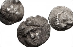 GREEK. Miscellaneous. Lot of three (3) AR Hemiobols of the Black Sea region. All coins: CIMMERIAN BOSPOROS, Pantikapaion. Facing head of lion / Quadripartite incuse square with pellets in alternating 
