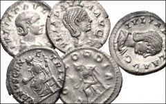 ROMAN. Imperial. Lot of five (5) AR Denarii of Julia Paula. Includes the following reverse types: Concordia seated left (3) // Venus seated left (2). VF to Good VF, some porosity. LOT SOLD AS IS, NO R