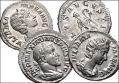 ROMAN. Imperial. Lot of four (4) AR Denarii from Julia Mamaea to Gordian III. Includes: Julia Mamaea (2) // Maximinus I // Gordian III. Near EF. LOT SOLD AS IS, NO RETURNS. Four (4) coins in lot.