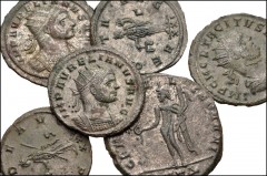 ROMAN. Imperial. Lot of six (6) bronze coins from Aurelian to Galerius. Includes: Aurelian. Antoninianus (2) // Probus. Antoninianus (2) // Tacitus. Antoninianus // Galerius. Æ Follis. VF to Good VF, 