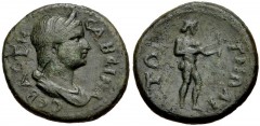 LYDIA, Tmolus. Sabina. Augusta, AD 128-136/7. Æ (19mm, 4.46 g, 7h). Draped bust right, wearing stephane / Apollo standing right, holding bow and arrow. SNG Copenhagen 635. Near VF, green patina. Fine 