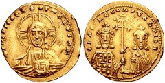 Basil II Bulgaroktonos, with Constantine VIII. 976-1025. AV Histamenon Nomisma (21mm, 4.37 g, 6h). Constantinople mint. Struck 977. Facing bust of Christ Pantokrator / Crowned facing busts of Basil, w