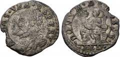 ITALY, Milano (Duchi). Filippo II di Spagna, with Anna. 1554-1598. BI Soldino (17mm, 1.12 g, 2h). Dated 1593. Conjoined busts of Filippo and Anna of Austria left / Abundantia seated left, holding larg