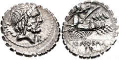 Q. Antonius Balbus. 83-82 BC. AR Serrate Denarius (20mm, 4.00 g, 1h). Rome mint. Laureate head of Jupiter right; R below chin / Victory, holding wreath and palm frond, driving quadriga right. Crawford
