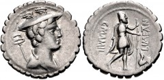 C. Mamilius Limetanus. 82 BC. AR Serrate Denarius (20mm, 3.74 g, 8h). Rome mint. Draped bust of Mercury right, wearing winged petasus; behind, I above caduceus / Ulysses walking right, holding staff a