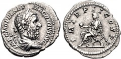 Macrinus. AD 217-218. AR Denarius (20mm, 2.58 g, 5h). Rome mint. 3rd emission, AD 218. Laureate and draped bust right / Macrinus seated left on curule chair, holding globe and short scepter. RIC IV 27