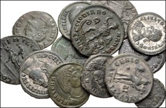 ROMAN. Imperial. Lot of thirteen (13) bronze coins from Severina to Theodosius I. Includes: A mix of rulers and types. No duplication. Average VF, a few with silvering, some roughness and scratches. L