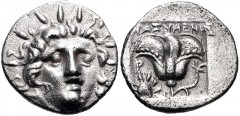 ISLANDS off CARIA, Rhodos. Rhodes. Circa 170-150 BC. AR Hemidrachm (13mm, 1.28 g, 12h). ‘Plinthophoric’ coinage. Thrasymenes, magistrate. Radiate head of Helios facing slightly right / Rose with bud t
