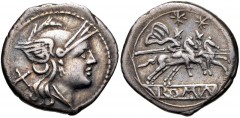 Anonymous. 211-208 BC. AR Denarius (20mm, 4.32 g, 1h). Rome mint. Helmeted head of Roma right; X (mark of value) behind / Dioscuri on horseback riding right. Crawford 44/5; Sydenham 140; RSC 2. VF, to