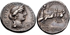 C. Annius T.f. T.n and L. Fabius L.f. Hispaniensis. 82-81 BC. AR Denarius (19mm, 3.91 g, 1h). Spanish mint. Diademed and draped bust of Anna Perenna right; winged caduceus behind, scales below chin, s